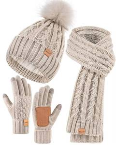 lot 44586 image: Womens Beanie Hat Scarf Gloves Set, Soft Fleece Lined Winter Hat with Pom Pom, Long Knit Scarf Neck Warmer Touchscreen Gloves for Cold Weather, 3 in 1 Warm Set Stocking Stuffers for Women(Oatmeal) - Retail $30