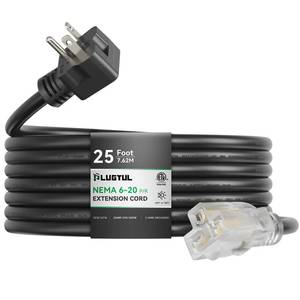 lot 44596 image: PLUGTUL NEMA 6-20 Extension Cord 25FT, Heavy Duty Extension Cord with Lighted Outlet, 20A250V, 12Gauge SJTW, ETL Listed, 6-20P to 6-20R (T Blade Female Adapter) - Black - Retail $37
