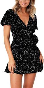 lot 44604 image: BI.TENCON Womens Summer Black and White Polka Dot Print Wrap Dresses Sexy V Neck Ruffle Short Sleeve Casual Short Dresses with Belt 2XL - Retail $60