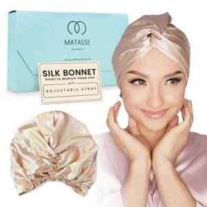 lot 44623 image: MATASSE Silk Bonnet for Sleeping with Adjustable Strap for Curly and Straight Hair - 22 Momme Sleep Cap, Real Mulberry on Both Sides, Bonnets for Women (Champagne) - Retail $30
