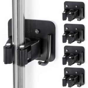 lot 44640 image: YUWANTING Stainless Steel Broom Holder, Heavy Duty, Rust Resistant, 4 Gripper Positions with 4 Hooks, Black - Retail $16