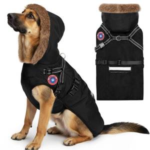 lot 44642 image: PAWNISAW Dog Winter Coat with Harness Built in, Warm Thick Plush Hooded Dog Snow Jacket for Cold Weather, Windproof Reflective Pet Clothes Outfit for Small, Medium, Large, XL & XXL Dogs Outdoor - Retail $49