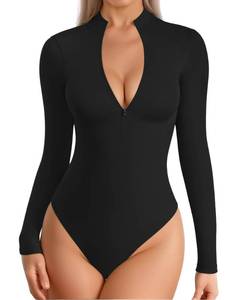 lot 44679 image: MANGOPOP Womens Long Sleeve Body Suits Zip Up Mock Turtle Neck Bodysuit Sexy Deep V Going Out Tops Shirts, Black, Small - Retail $25