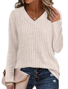 lot 44700 image: Sampeel Long Sleeve Shirts for Women Fall Tops 2025 Casual Lightweight Cozy Sweaters Tunic Tops Loose Fit Dressy Old Money Clothes Beige M - Retail $10