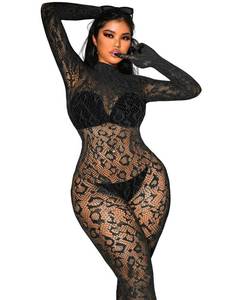 lot 44703 image: EHSUYAB Sexy Lace Leopard Jumpsuit For Women, Fishnet Bodysuit Glow Party Club, Poster One Piece Mesh Full Body Rave Outfits Black - Retail $15