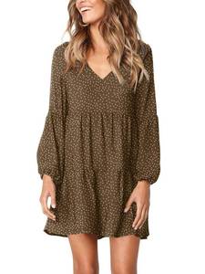 lot 44704 image: Amoretu Womens Long Sleeve Casual V Neck Polka Dot Swing Tunic Dress, Summer, Fall, 2025 (Coffee, S) - Retail $42