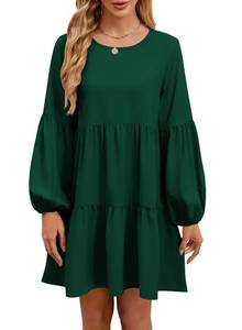 lot 44706 image: QACOHU Falll Dresses for Women 2026 Trendy Crew Neck Cute Lantern Long Sleeve Flowy Swing Babydoll Mini Dress Green XXL - Retail $40