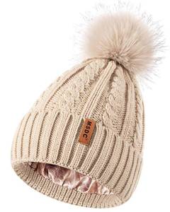lot 44719 image: MSDC Satin Lined Beanie for Women with Pom Pom, Warm Womens Winter Hats with Silk Lined, Fashionable Cable Knit Beanie Skull Cap for Cold Weather(Oatmeal) - Retail $15