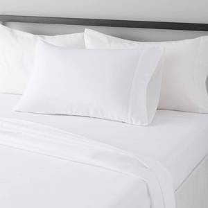 lot 44736 image: Amazon Basics Lightweight Super Soft Easy Care Wrinkle Free Microfiber 3 Piece Bed Sheet Set with 14-Inch Deep Pockets, Twin, Bright White, Solid, Kids, Men & Women Bedding - Retail $14