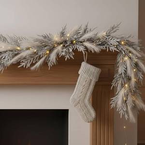 lot 44738 image: Yunlly 6ft Christmas Flocked Norfolk Pine Garland Boho Pampas Real Touch Pine Garland for Front Door with Lights Christmas Door Decoration for Indoor Outdoor Xmas Mantle Fireplace Seasonal Home Decor - Retail $29