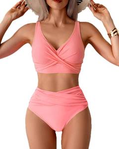 lot 44751 image: Fanuerg Women High Waisted Bikini Sets V Neck Cross Twist Front Two Piece Swimsuit Tummy Control Bathing Suits Rose Coral Pink L - Retail $28