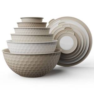 lot 44761 image: COOK WITH COLOR Mixing Bowls with Lids - 12 Piece Plastic Nesting Bowls Set includes 6 Prep Bowls and 6 Lids, Non Slip Bottom and Embossed Design - Microwave Safe (Brown) - Retail $7