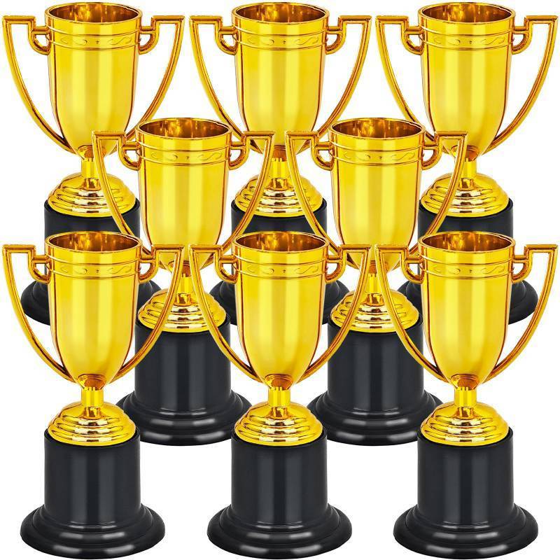 lot 8622 image: Jizvxe 8 Pack Mini Gold Trophies Award Cups,Gold Participation Trophy Cups,Plastic Gold Trophy for Props,Party Favors,Rewards,Sports,Competitions,Winning Prizes (4 in)