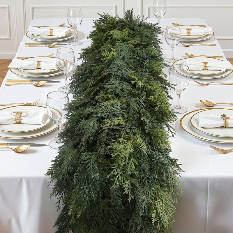 lot 8636 image: SHareconn 6FT Artificial Christmas Cedar Garland Decoration, Realistic Faux Cypress Greenery Garland for Winter Mantle Table Stairs Railing Fireplace Holiday Indoor Outdoor Decor, 6 FT