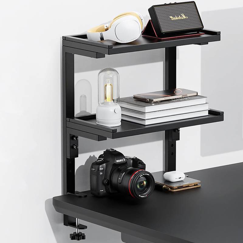 lot 8645 image: Spacrea clamp on Desk Shelf, 2 Tier Office Desk Shelves Organizer, Wood Desktop Supplies Storage Rack, Desk Organizers and Accessories (Black)