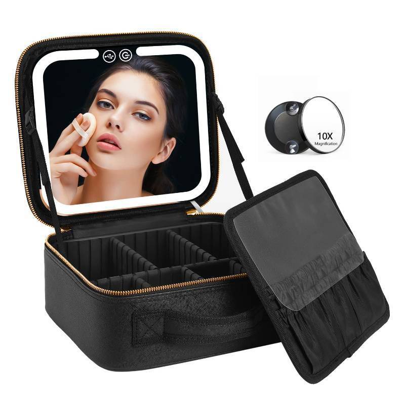 lot 8724 image: Travel Makeup Bag with LED Lighted Make up Case with Mirror 3 Color Setting Cosmetic Makeup Box Organizer Vanity Case for Women Beauty Tools Accessories Case Rechargeable
