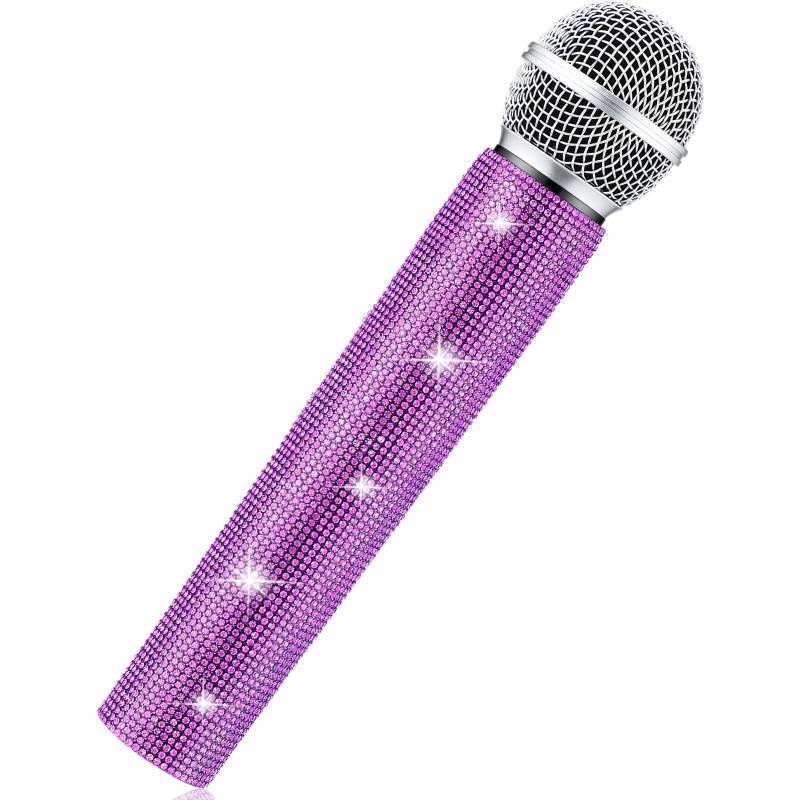 lot 8829 image: Sanwuta Fake Microphone Prop Sparkly Bling Rhinestones Plastic Play Microphone Pretend Glitter Bedazzled Mic for Cosplay Party Costume(Purple)