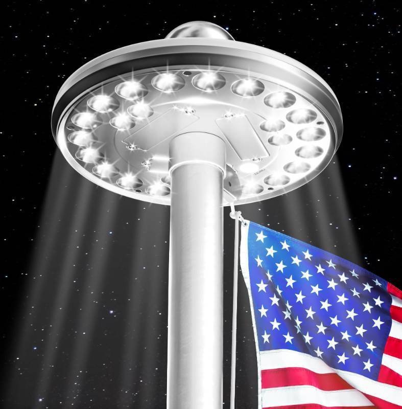 lot 8972 image: Deluxe Flag Pole Light Solar Powered - 1300 Lumen for Flagpole - Light Up American Flag Outdoor from Dusk to Dawn for 12 Hours - 100% Coverage Silver Flag Light