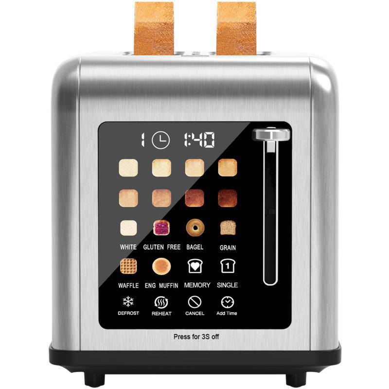 lot 8981 image: 2 Slice Toaster Touch Screen, Stainless Steel Toasters Digital Timer 2 Slot Toasters, 8 Shade Settings 6 Bread Types for Bagel, Cancel, Defrost - Stainless Steel - Dent
