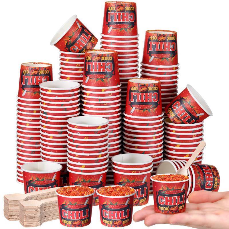 lot 9052 image: Teenyyou 400 Pcs Chili Cook off Party Decorations, 200 Pcs 2 oz Mini Chili Cookoff Paper Cups and 200 Wooden Spoons Pepper Cook off Parties Decorations for Competition Prize Party Cooking Supplies