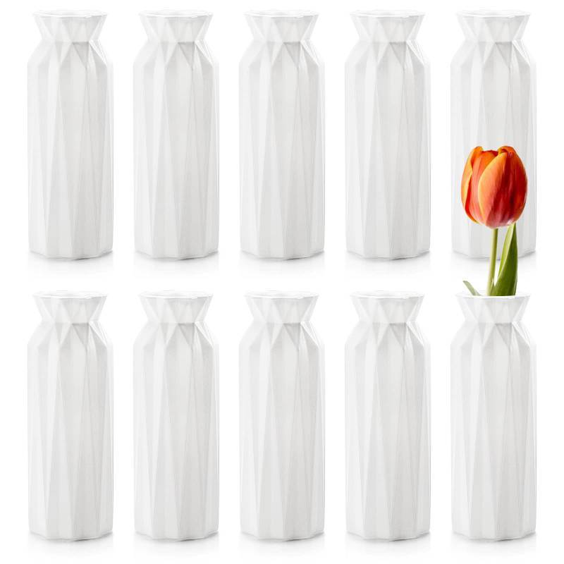 lot 9078 image: ZOOFOX 10 Pack Composite Plastic Flower Vase, 8 Plastic Vases for Centerpieces, White Unbreakable Vases for Wedding Dinner Table Party Living Room Office Bedroom Decor, Origami Design