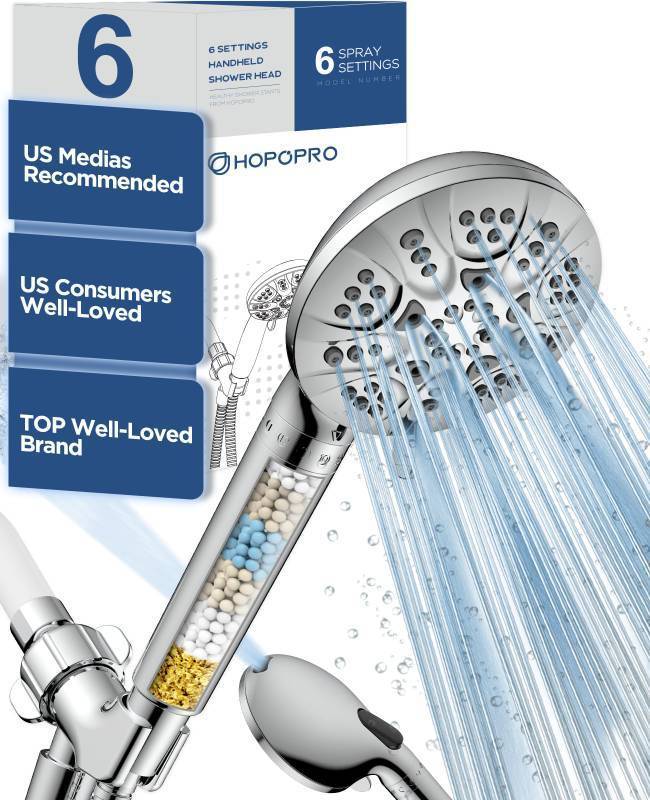 lot 9104 image: HOPOPRO 7-Setting Handheld Shower Head with Built-in Power Wash, Polished ABS Chrome, 71-Inch Stainless Steel Hose, 360 Rotatable Brass Overhead Bracket, Anti-Leakage Teflon Tape