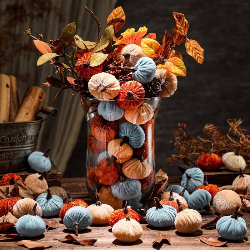 lot 9142 image: Newtay 60 Pcs Mini Velvet Pumpkins for Fall Home Decor 1 12 x 2 Small Velvet Pumpkins Assorted Plush Terracotta Fabric Pumpkin for Fall Thanksgiving Home Decorations(Fresh Color)