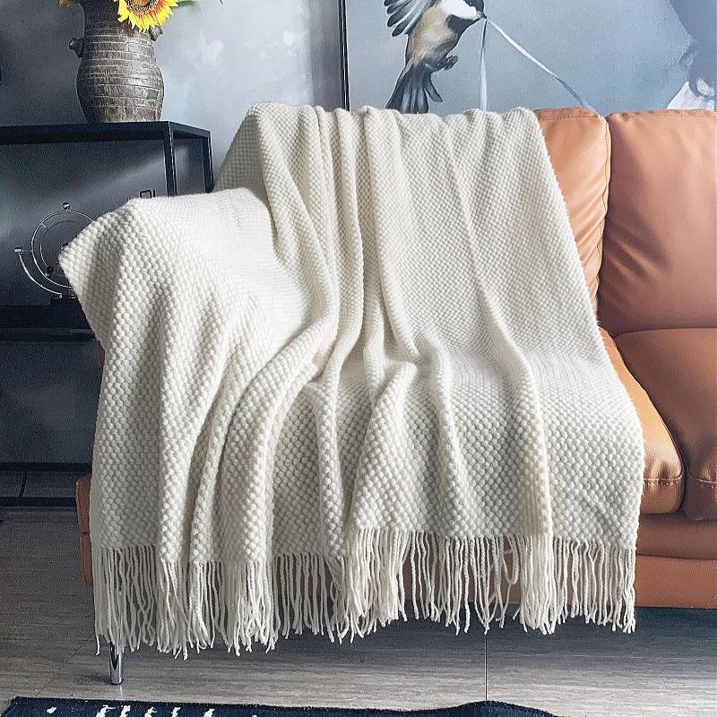 lot 9213 image: LOMAO Knitted Throw Blanket with Tassels Bubble Textured Lightweight Throws for Couch Cover Home Decor (Cream, 50x60)