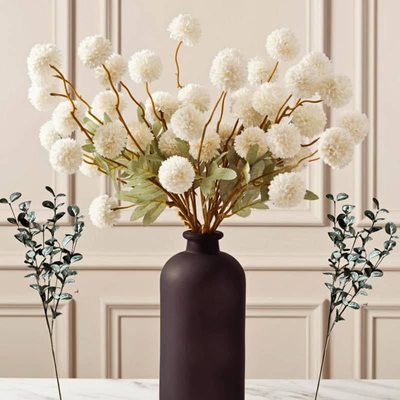 lot 9214 image: RyddeligHome White Faux Flowers for Vase - Kiku 10 Stems & Eucalyptus, Fake Flowers Stems for Pottery Vase, Realistic Artificial Flowers, Pom Pom Balls for Aesthetic Farmhouse Barn Room Decor