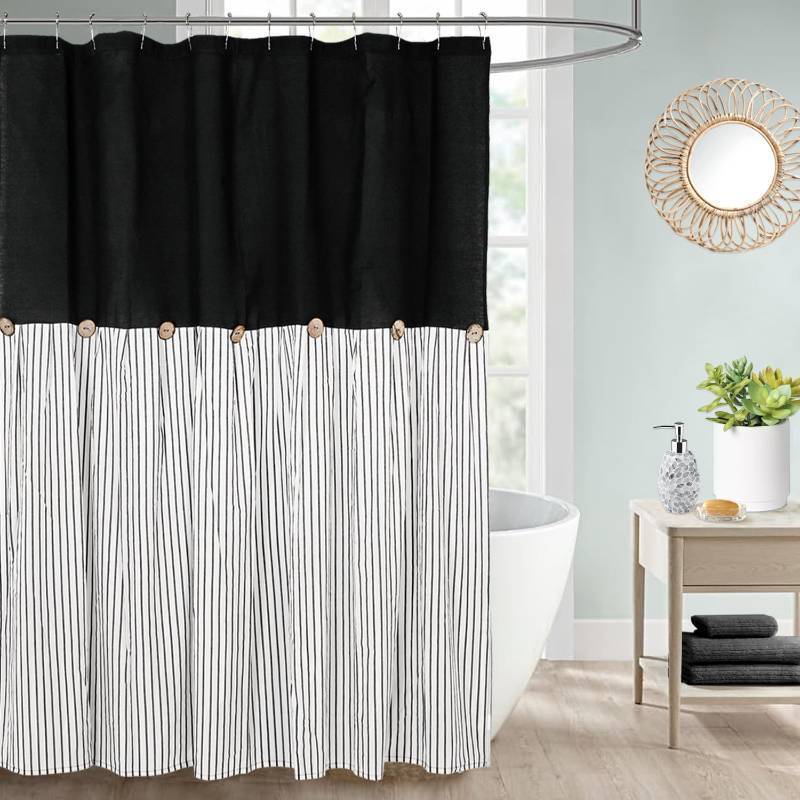 lot 9215 image: DOSLY IDES Farmhouse Black Shower Curtain,Beige and Black Stripe,Button Curtain,Linen and Cotton Woven Fabric,Rustic Charm Country Chic Style,72x84in