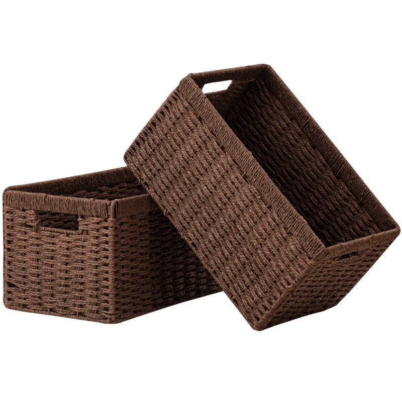 lot 9226 image: UBBCARE 2 Pack Wicker Basket, 13.4L x 8.3H x 7.1W inch Woven Paper Rope Storage Baskets for shelves, Foldable Rectangular Storage Baskets with Handle, Storage Basket for Organizing, Dark Brown