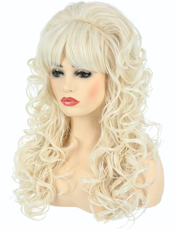 lot 7284 image: PUREHAIR 80s Long Blonde Curly Wig - Perfect for Womens 60s 70s Disco Party or Halloween Costume - Long Blond Wavy Wigs with Bangs for Women Drag Queens Cosplay (Blonde)