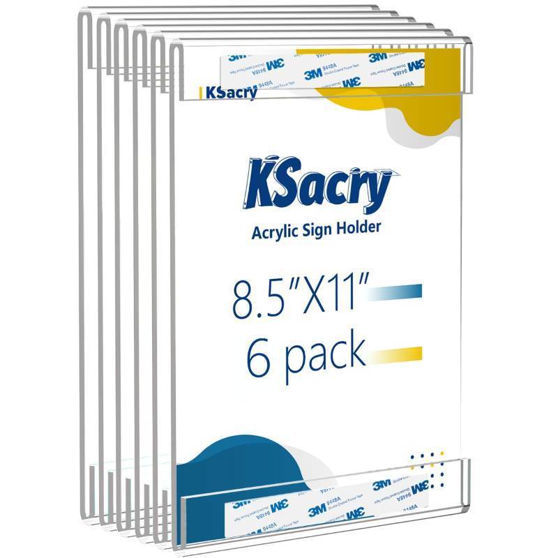 lot 7296 image: KSacry 6 Pcs Acrylic Sign Holder 8.5 x 11, Vertical Wall Mount Sign Holders with 3M Adhesive, Clear Plastic Frames Paper Display Sign Holders for Office, Home, Store, Restaurant - No Drilling