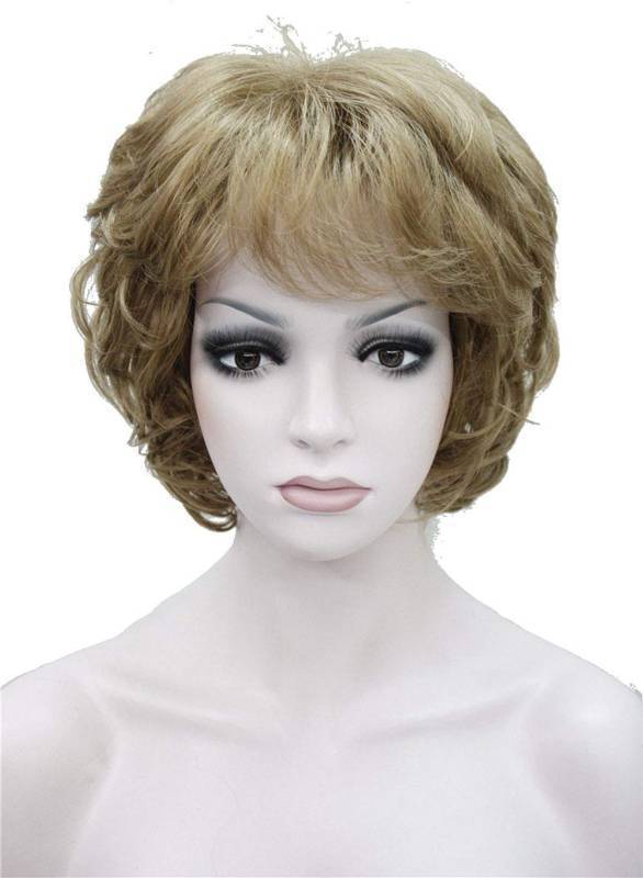 lot 7481 image: Wiginway Short Curly Wavy Synthetic Hairpiece Wigs with Bangs for Women Girls Light Strawberry Blonde