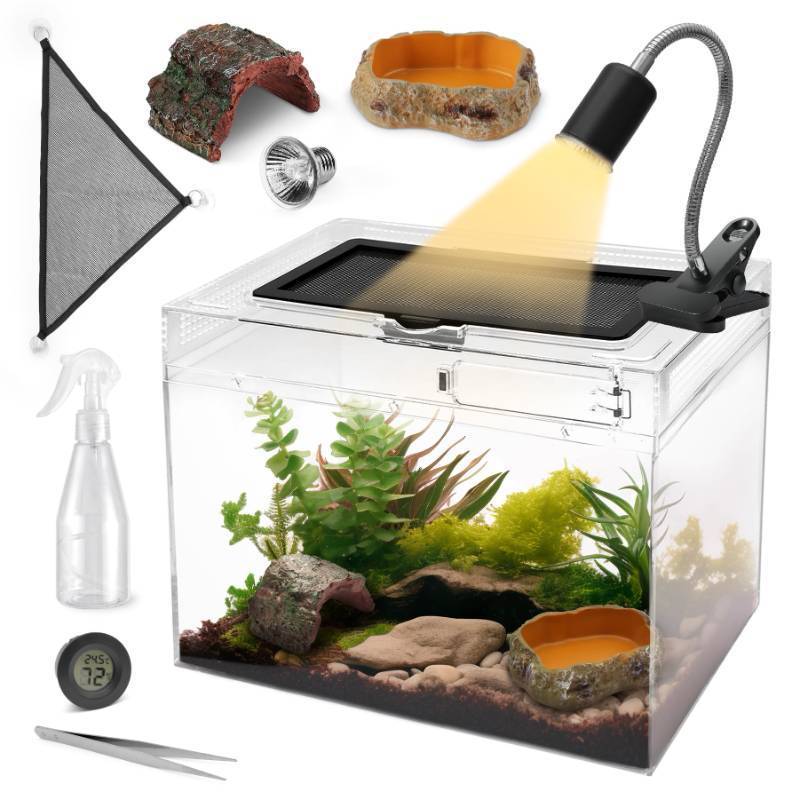 lot 7530 image: AZV Reptile Terrarium Starter Kit,8 Piece Small Reptile Tank with Escape-Proof Locks,Mesh Top,Multi-Vent Compatible Habitat,Durable Clear PC,Easy-Clean Waterproof Base for Geckos,Frogs,Spiders Large