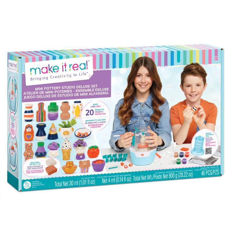 lot 7538 image: Make It Real Mini Pottery Studio Deluxe Set - DIY All-in-1 Sculpting Craft Kit, All Skill Levels, Miniature Clay Projects, Kids Girls & Tweens Age 8