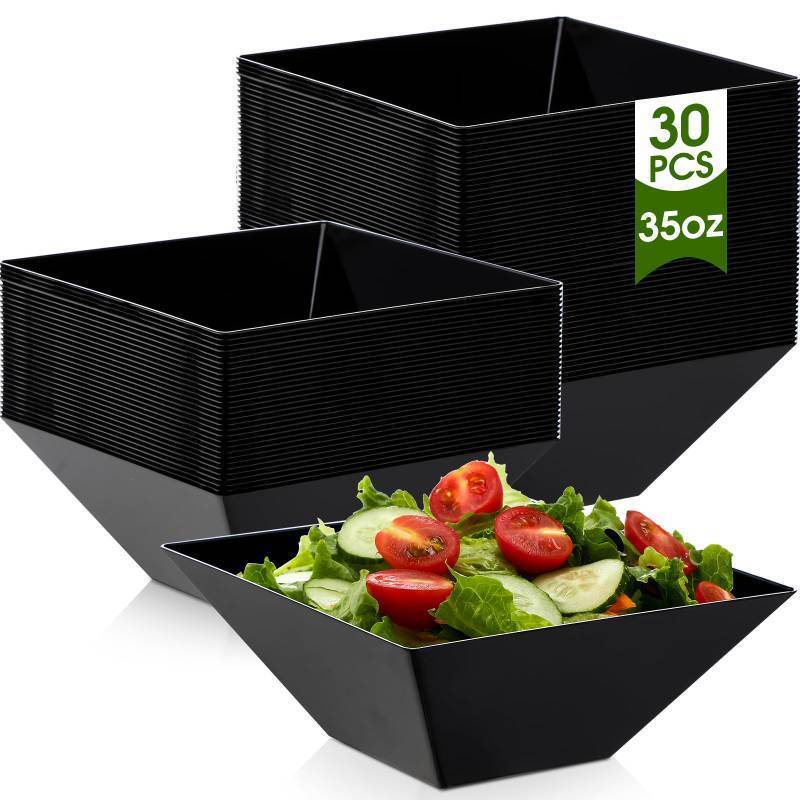 lot 7179 image: Tioncy 30 Pcs Square Plastic Serving Bowls, Medium Salad Fluted Plastic 35 oz Disposable Serving Bowls Containers for Parties, Snack, Buffet, Chips(Black,Classic)