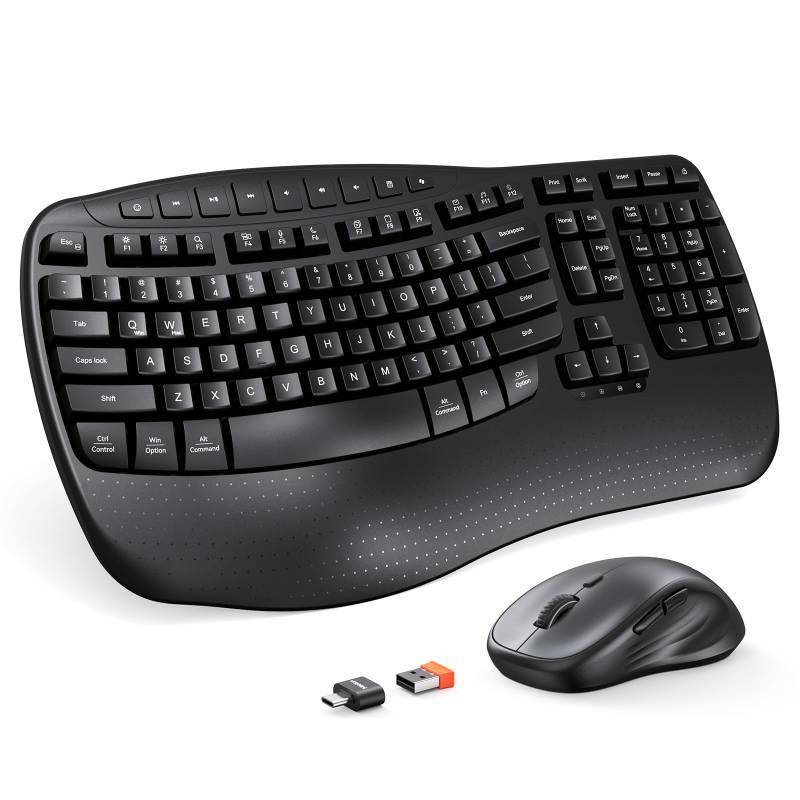 lot 7255 image: MEETION Ergonomic Keyboard and Mouse Wireless Combo, Wave Keys Natural Typing, 2.4G USB Receiver Wireless Keyboard with Wrist Rest, 4 Adjustable DPI Optical Mouse, ComputerLaptopWindowsMac, Black