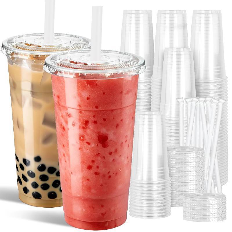 lot 7275 image: Ginkgo 32 oz Clear Plastic Cups with Lids and Jumbo Straws, Disposable To Go Iced Coffee Cups for Smoothie, Boba Milk Tea - 50 Pack