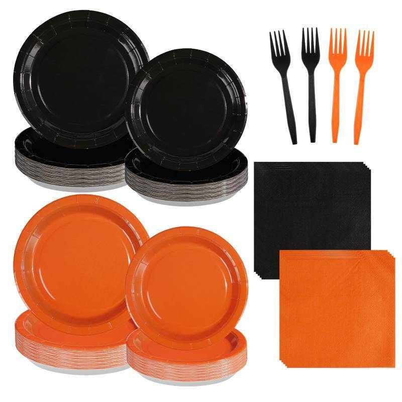 lot 7289 image: Grencian 96Pcs Orange and Black Party Decorations Orange and Black Plates and Napkins Disposable Paper Tableware Set for Birthday Wedding Baby Shower Fall Harvest Halloween Party Supplies, Serves 24