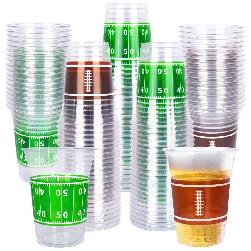 lot 7420 image: Gatherfun 100 Pcs 16oz Football Plastic Cups - Football Parties and Tailgate Events, Disposable & Convenient - Ideal Party Supplies & Party Favors for Football Themed Birthdays