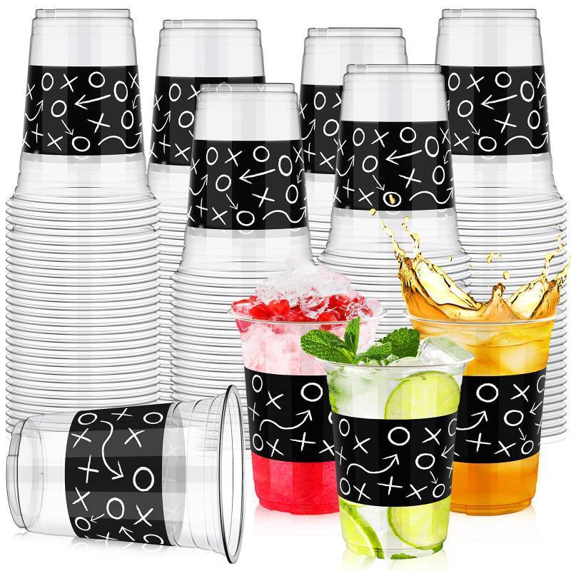 lot 7443 image: Qinyoung 100 Pcs 16 oz Football Plastic Cups, Football Themed Party Supplies, Disposable Clear Football Party Beverage Ice Cream Coffee Cups for Football Sport Theme Birthday Party Favors Toy