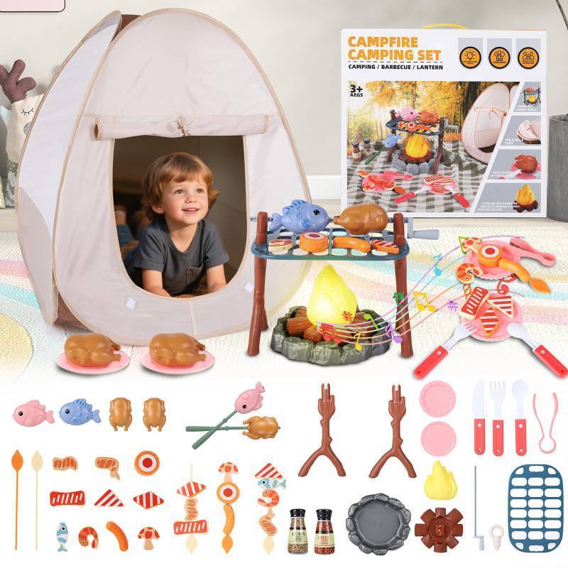 lot 7043 image: Kids Camping Playset with Pop Up Tent, Pretend BBQ Campfire Sets with Toy Food, Indoor Outdoor Educational Toys for Boys Girls Hiking Adventure Gifts Outdoor Playset Nature Exploration Toys
