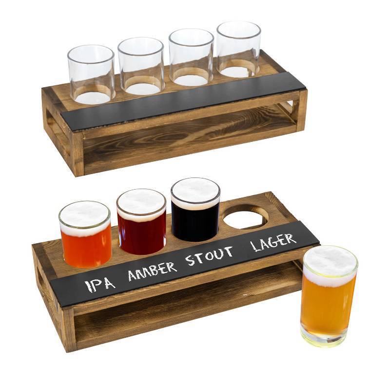 lot 7128 image: MyGift Rustic Dark Brown Burnt Solid Wood Sampler Tray Beer Flight Holder Serving Set with 4 Glasses and Erasable Chalkboard Label, Set of 2