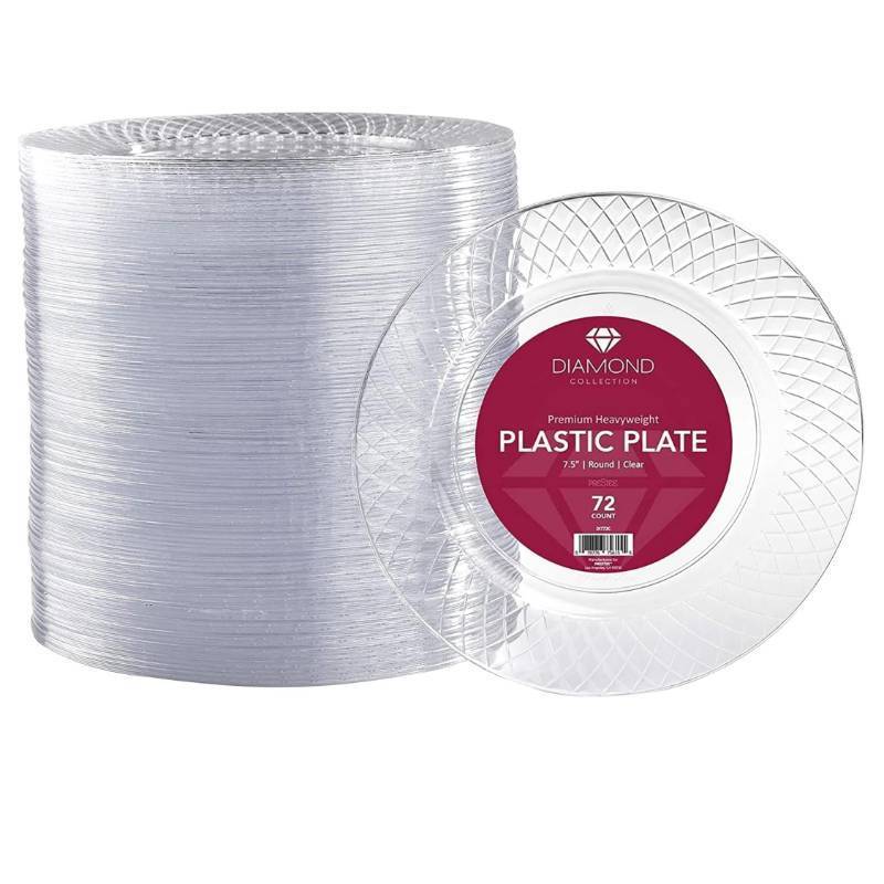lot 7488 image: Prestee 72 Pack Disposable Plates 7.5 Inch - Heavy Duty Plastic Plates for Party Appetizers, Salads, and Clear Dessert Plate for Party Events, Weddings, Holidays, and Elegant Celebrations