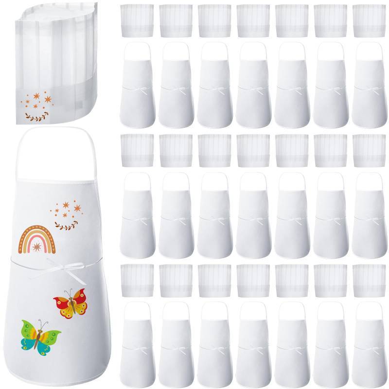 lot 7489 image: JaGely 60 Pcs Kids Chef Hat and Apron Set Chef Aprons and White Hats Non Woven Fabric Costume for Girls and Boys Cooking(Classic)
