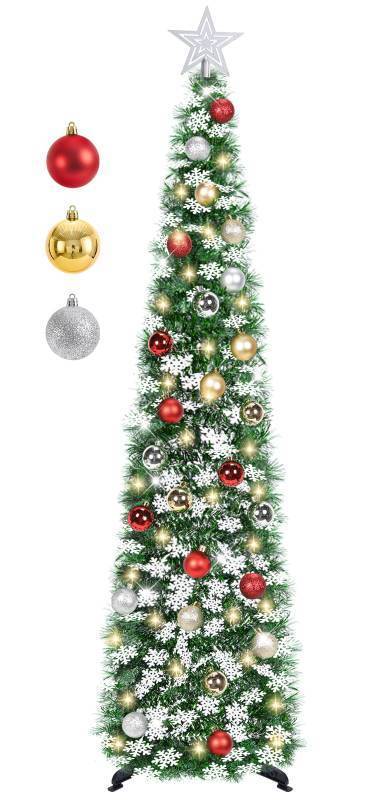 lot 7252 image: SINTENILL 5 FT Pop Up Christmas Tree with Timer Lights and Decorations, Green Tinsel Artificial Christmas Tree with 24 Balls Ornaments, Collapsible Pencil Tree for Xmas Home Office Party Decor