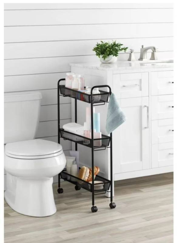 lot 4025 image: Mainstays Slim 3-Tier Rolling Bathroom Storage Cart with Hooks, Black