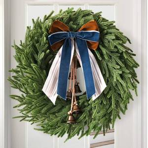 lot 2108 image: Christmas Decorations - 22 Inch Norfolk Pine Christmas Wreath with Bells and Ribbon - Artificial Pine Greenery Winter Wreath for Home Table Wall Window Porch Door Indoor Outdoor Decor