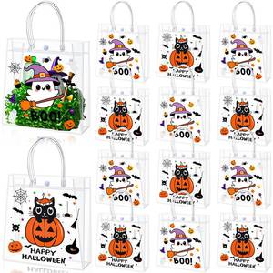 lot 2119 image: Motipuns 18 Pcs Halloween Clear Plastic Gift Bags with Handles, Small Treat Reusable PVC Pumpkin Party Favor Bags Bulk, Black Orange Tote Bag for Halloween Trick or Treat, 7.87 x 7.87 Inch